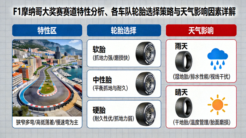 F1摩纳哥大奖赛赛道特性分析、各车队轮胎选择策略与天气影响因素详解